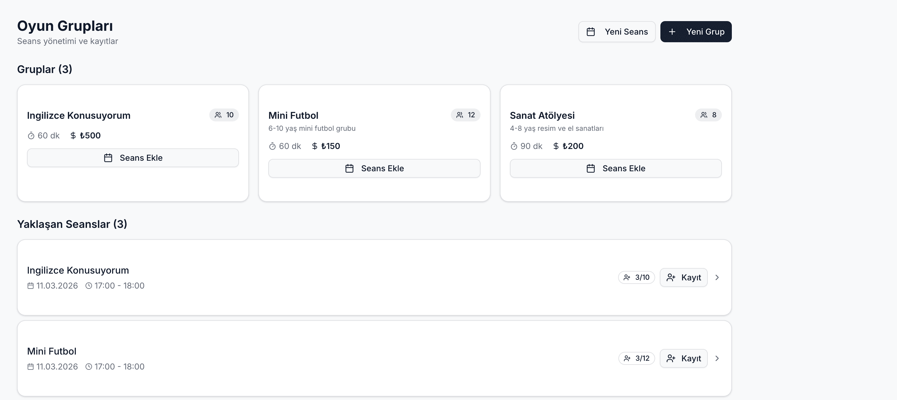 Oyun Grupları & Seanslar — Ekran Görüntüsü